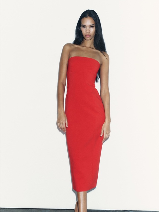 Zara Dresses & Skirts - Zara Strapless Red Midi Sheath Dress